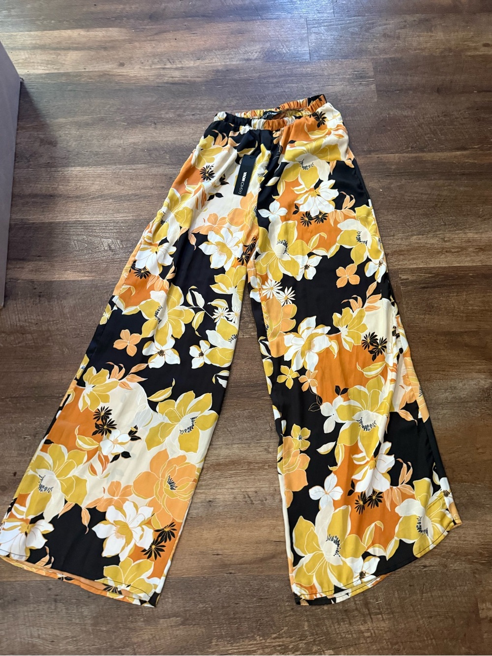 Fashion Nova Black Floral Wide-Leg Pants with Yellow & Orange Blooms